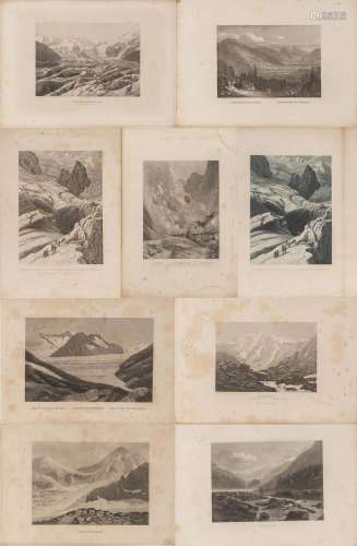 Ensemble de 9 lithographies de glaciers et de montagnes, de divers auteurs. Format [...]