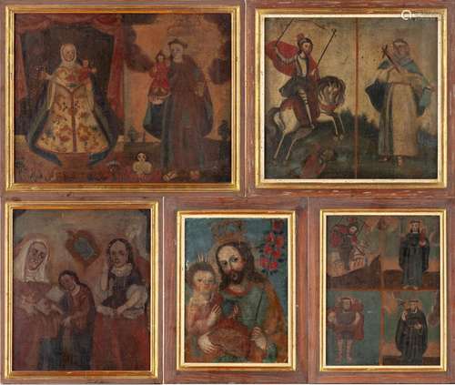 Ensemble de 5 tableaux religieux anciens représentant des saints, des religieux ou [...]