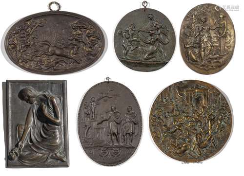 6 plaques et médailles en bronze ou métal de diverses scènes, de forme ronde, [...]