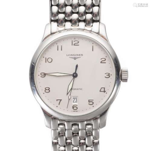 Longines, montre-bracelet homme automatique en acier à cadran blanc, guichet de [...]