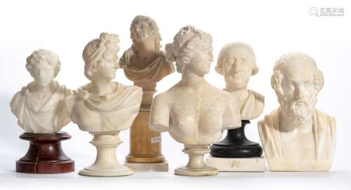 6 bustes en marbre et albâtre représentant Apollon, Vénus, Homère, Caracalla, un [...]