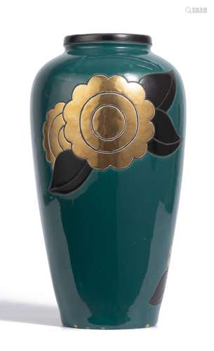 Montières - SAMARA, vase en céramique émaillée Art-Déco à décor floral en noir [...]