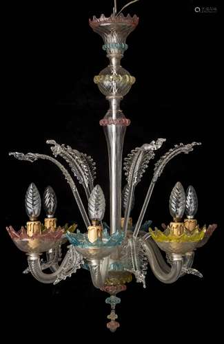 Lustre en verre de Murano à 6 feux de couleur, rose, bleu et vert. H. 70 & D. 50.5 [...]