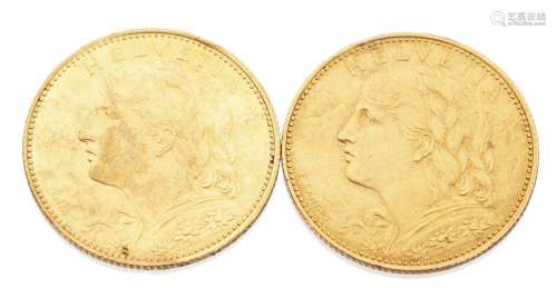 2 pièces de 10 CHF or de 1915 Poids 6.5 g pour les 2 - - Numismatique - [...]