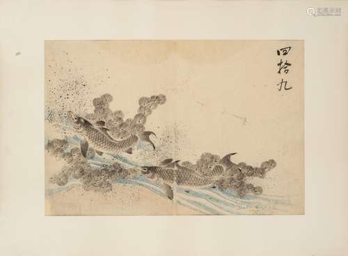 Ensemble de trois estampes japonaises : - Anonyme, deux carpes dans les flots. H. [...]