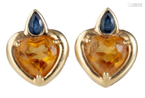 2 clous d'oreille en or jaune .750 en forme de cœur avec une citrine et une goutte [...]