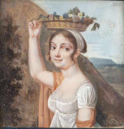 Miniature sur ivoire représentant une jeune Napolitaire portant un panier de fleurs [...]