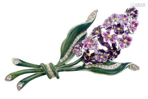 Broche émaillée en forme de fleurs lilas et feuilles avec strass. L. 11 cm - - [...]