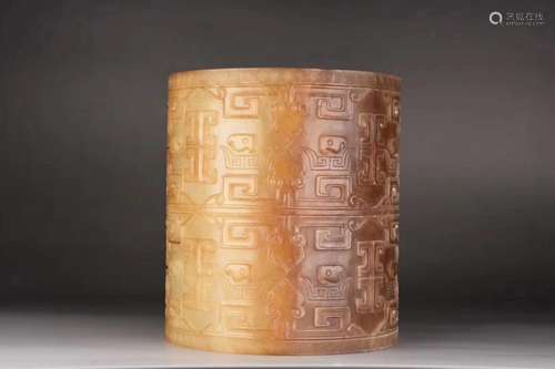 AN ARCHAIC JADE CARVED BRUSH POT