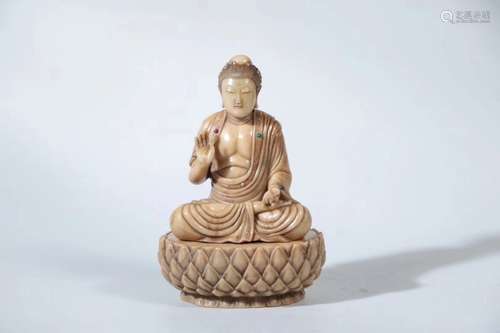 A SHOUSHAN STONE CARVED FIGURE OF SHAKYAMUNI