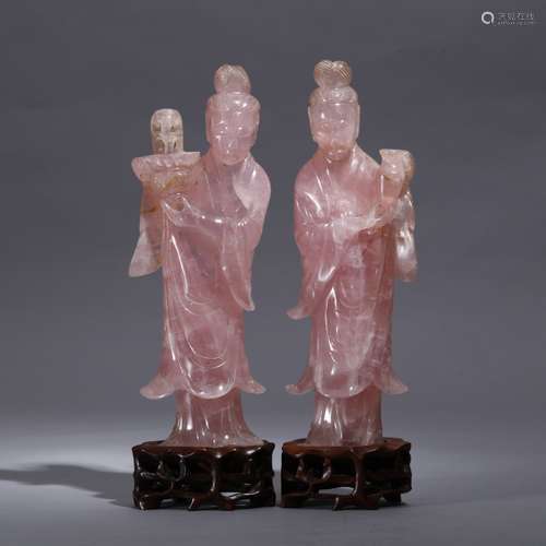 A PAIR OF ROSS QUARTZ CARVED FEMAL STATUES