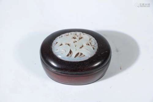 A ZITAN WOOD WHITE JADE INLAID BOX AND COVER