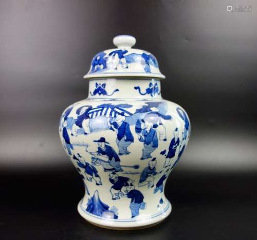 A 19TH C. BLUE AND WHITE JAR AND COVER