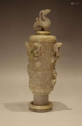 A JADE CARVED `DRAGON` VASE AND COVER