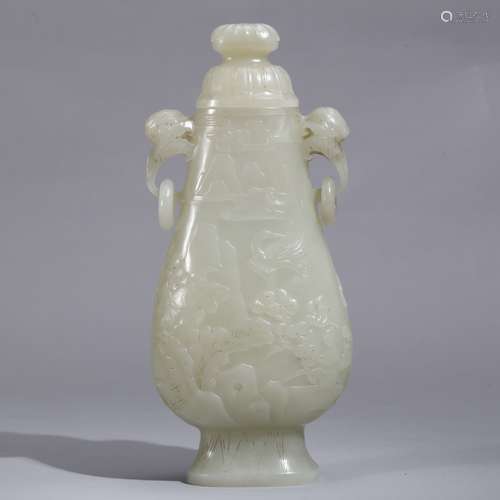 A JADE CARVED VASE AND COVER