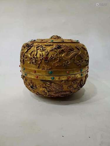 A GILT-BRONZE CARVED 'DRAGON' BOX AND COVER