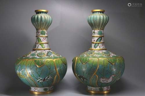 A PAIR OF CLOISONNE ENAMEL GARLIC HEAD VASES