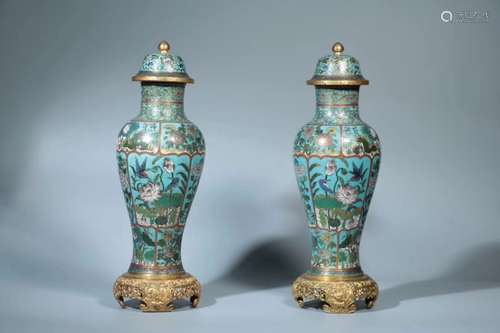 A PAIR OF COLISONNE ENAMEL VASE AND COVER