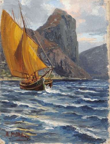 Albert Ernst Muehlig, Suedlaendische, felsige Kuestenlandschaft mit Segelboot (Amalfi ?). 2nd half 19th cent.