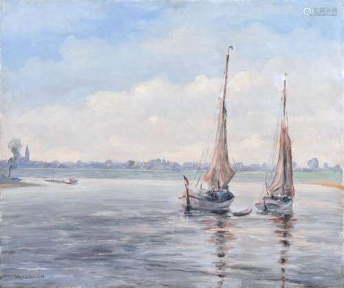 Hans Hersmann, Zwei Fischerboote auf dem Niederrhein bei Duisburg (?). Early 20th cent.