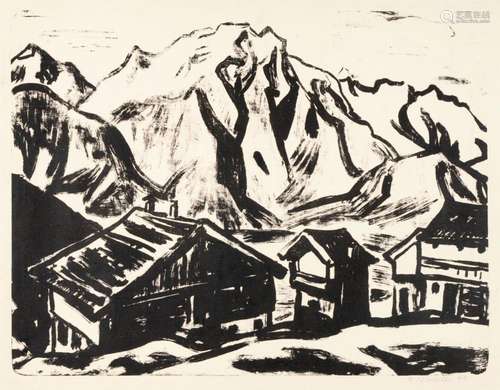 Fritz Winkler, Alpenlandschaft mit Bergdorf. 1941.