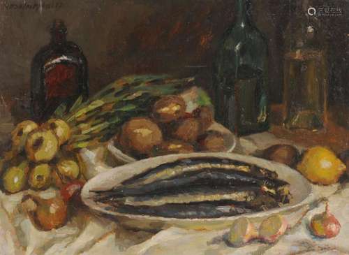 Otto Westphal, Stillleben mit Fischen und Zwiebeln. 1922.