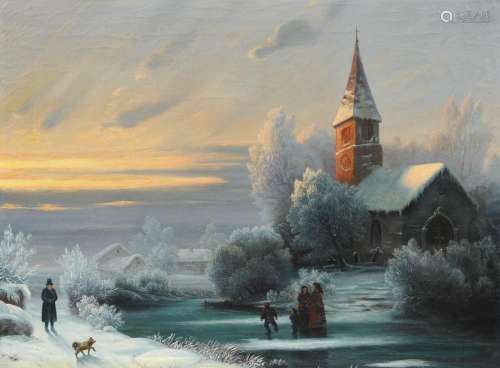 R. R. Bergmann (zugeschr.), Winterlandschaft mit Kirche und Schlittschuhlaeufern. Wohl Late 19th cent.