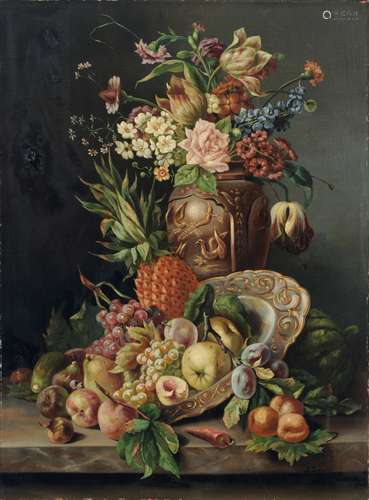 G. Tomassi, Blumenstillleben mit Fruechten. Wohl Ende 19th cent.