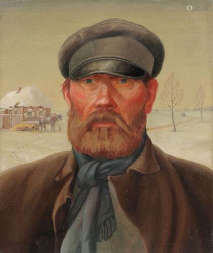 Georg Guenther, Bildnis eines Bauern vor Winterlandschaft. Wohl 1920 s.