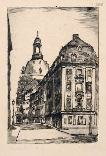 Siegfried Mackowsky und andere Kuenstler, Vier Ansichten von Dresden (Frauenkirche, Salzgasse, Wallpavillon des Zwingers). Wohl um 1920.