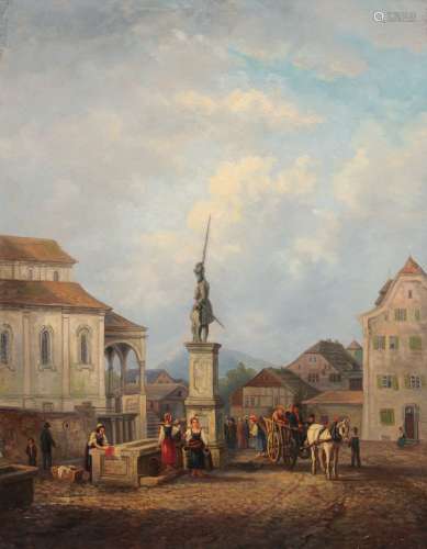 B. Violet, Der Winkelriedbrunnen auf dem Marktplatz in Stans (Schweiz). Mid 19th cent.