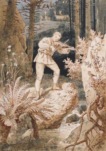 Victor Paul Mohn, Geigespielender Juengling im Wald, vom Wassermann belauscht. 1886.