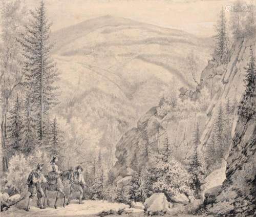 Deutscher Zeichner, Reiterin im Gebirge mit Blick auf die Schneekoppe. 1st half 19th cent.