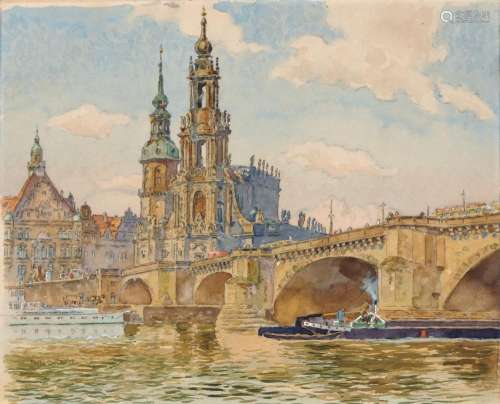 Fritz Beckert, Dresden - Augustusbruecke mit Blick auf Hofkirche, Hausmannsturm und Georgentor. Wohl 1930 s.