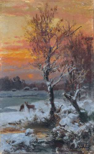 Bernhard Muehlig, Abendliche Winterlandschaft mit Rehen. 1900.