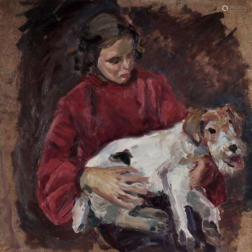 Unbekannter Kuenstler, Maedchen mit Foxterrier. Um 1910.