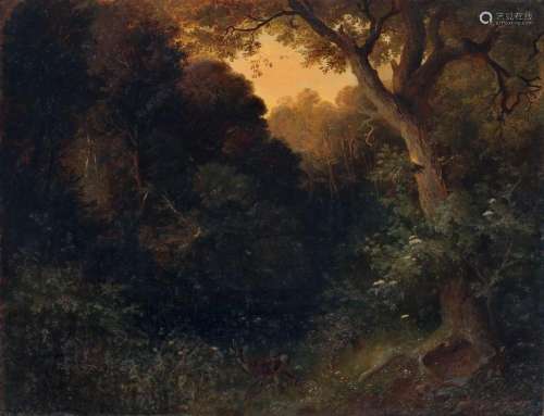 Heinrich Woldemar Rau, Waldlandschaft mit Reh. Wohl 2nd half 19th cent.