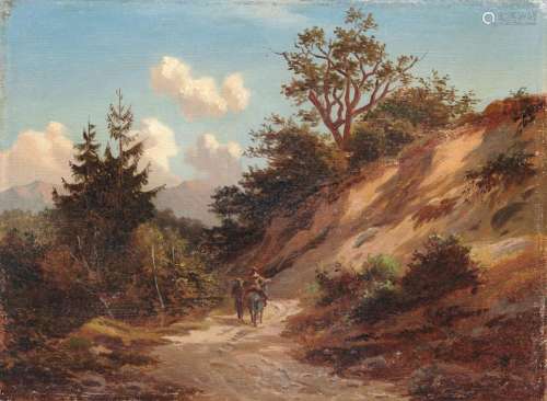 Heinrich Hermann, Suedliche Gebirgslandschaft mit Eselsreiterin und Bauer im sandigen Hohlweg. 1864.