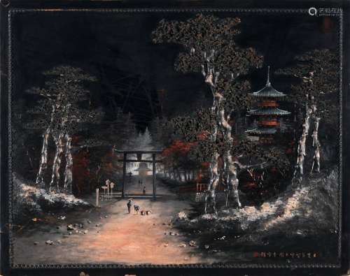 Japanischer Kuenstler, Ansicht der Nikko Pagode (Japan). Wohl um 1860/ 1870.