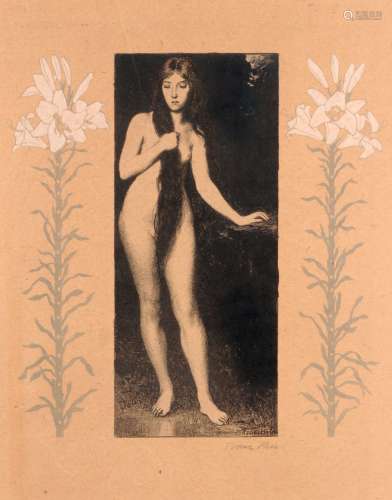 Franz Hein, Stehender weiblicher Akt mit Liliendekor. 1920 s.