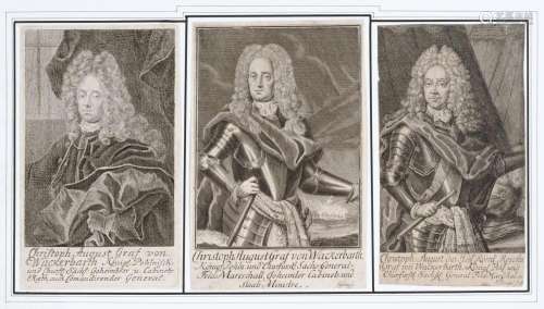 Verschiedene Stecher, Drei Bildnisse von Christoph August von Wackerbarth, drei von Joseph Anton Gabaleon von Wackerbarth-Salmour. 18th cent.