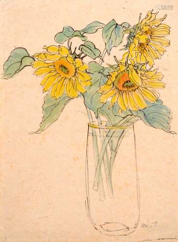 Margarete Junge, Drei Sonnenblumen im Glas. No date.