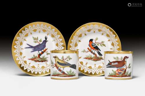 PAIR OF 'LITRON' CUPS AND SAUCERS WITH BIRD VIGNETTES,