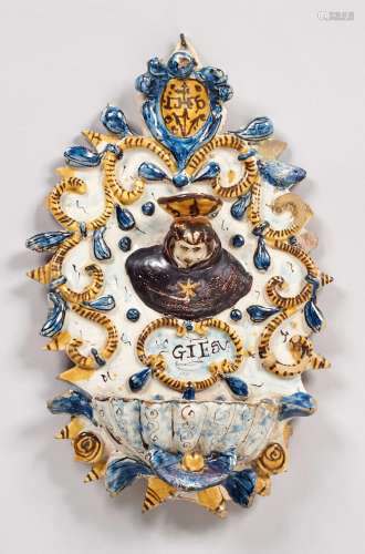MAJOLICA VESSEL FOR HOLY WATER, 