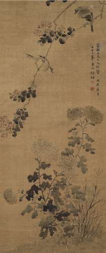 何翀（1807～1883） 1868年作 花间栖禽图 立轴 设色绢本