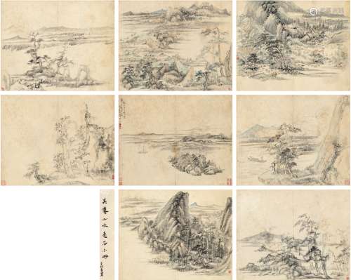 吴麐（1691～1772） 1769年作 仿古山水册 册页 （八页） 设色纸本·水墨纸本