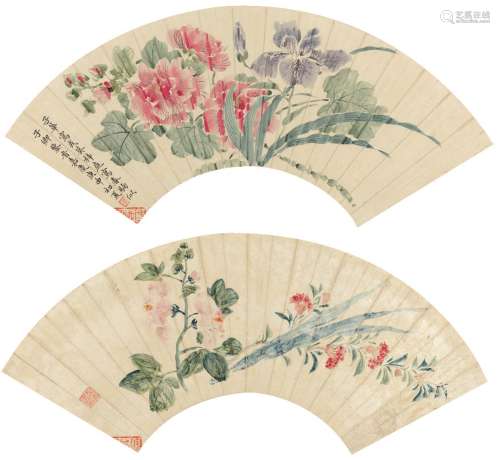 黄钺 子华 梓庭（1750～1841） 1800年作 没骨花卉图·芙蓉兰花图 扇页 （二页） 设色纸本