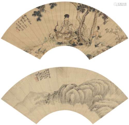 戴熙 冯箕（1801～1860） 松下清斋图·重山涵雨图 扇轴（双挖） 设色纸本·水墨纸本