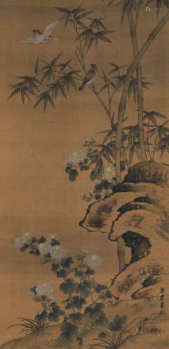 蒋廷锡（1669～1732） 竹雀菊石图 立轴 设色绢本