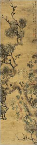 王潮（1814～1886后） 虬枝花卉图 立轴 设色绢本